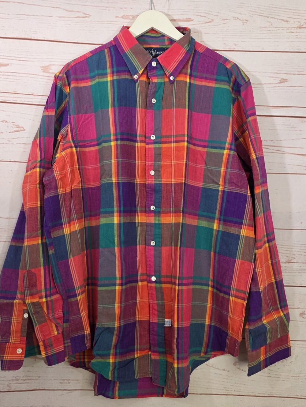 Ralph Lauren Men's Orange Green Madras Plaid Long Sleeve Shirt Size XL